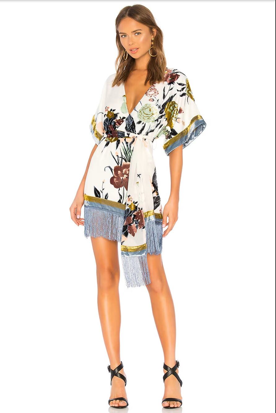 NBD Revolve Koh Phi Phi Mini Fringe Kimono Dress in Floral Ivory Size Small